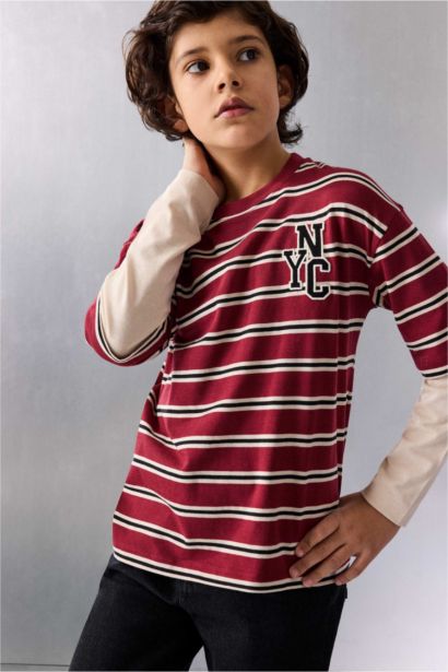 تيشيرت مخطط ولادي ردن طويل قصة عادية بياخة مستديرة