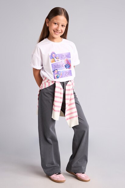 Girl Straight Wide Flare Fit Gabardine Trousers