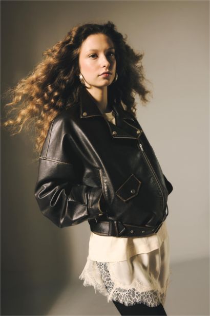 Su Geçirmez Oversıze Tafta Suni Deri Mont