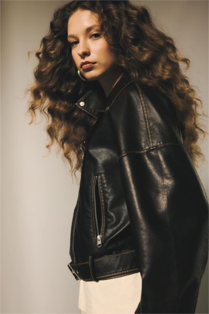 Su Geçirmez Oversıze Tafta Suni Deri Mont