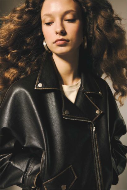 Su Geçirmez Oversıze Tafta Suni Deri Mont