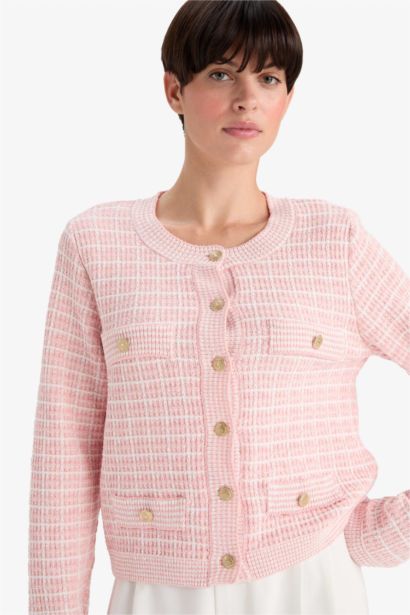 Regular Fit Crew Neck Plaid Knitwear Cardigan