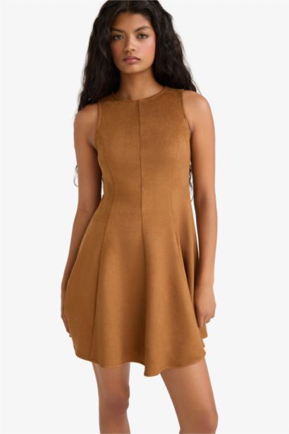 A Line Crew Neck Sleeveless Suede Mini Dress