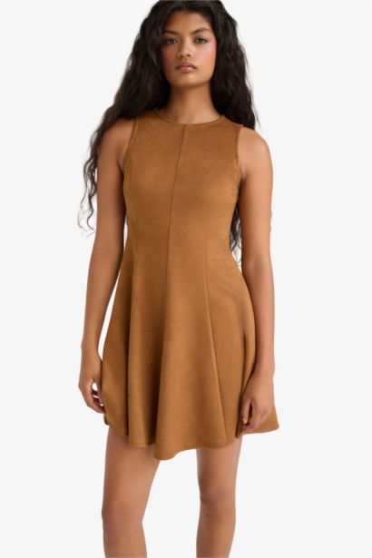A Line Crew Neck Sleeveless Suede Mini Dress