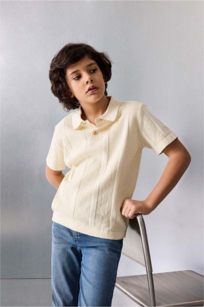 Boy Polo Neck Textured Knit Pullover