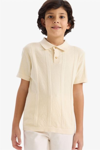 Boy Polo Neck Textured Knit Pullover