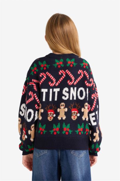 Yılbaşı Temalı Bisiklet Yaka Triko Kazak Kız Çocuk