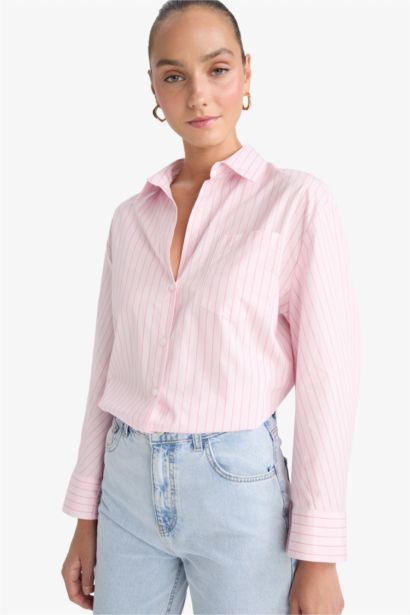 Overshirt Fit Çizgili Poplin Uzun Kollu Gömlek