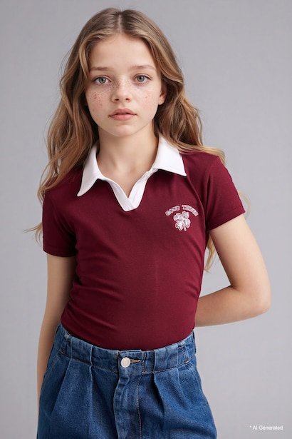 Slım Fıt Baskılı Polo Tişört Kız Çocuk
