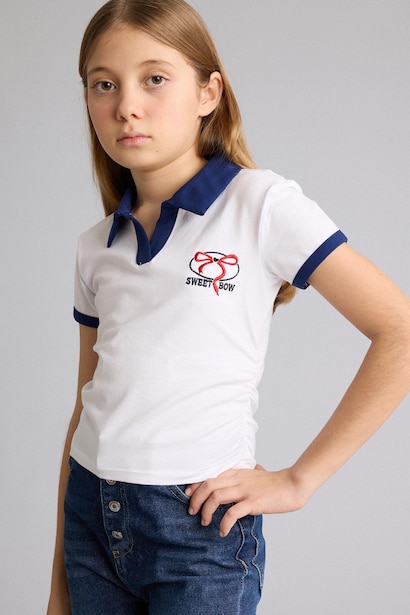 Girl Slim Fit Polo Collar Printed T-Shirt