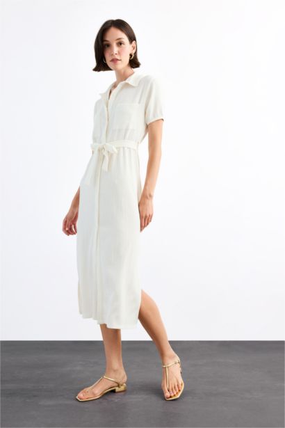 فستان ميدي نص ردن بياخة قميص وحزام