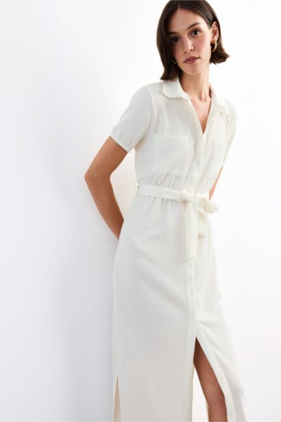 فستان ميدي نص ردن بياخة قميص وحزام