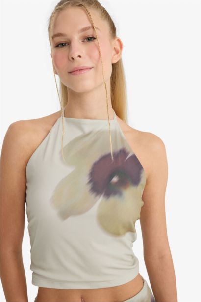 Fitted Floral Printed Halter Neck Tulle Blouse