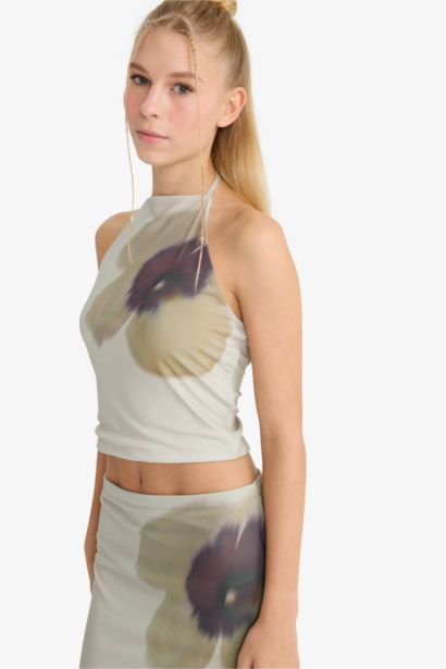 Fitted Floral Printed Halter Neck Tulle Blouse