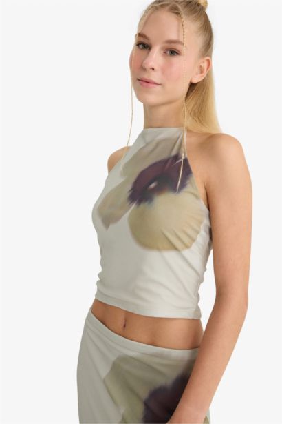 Fitted Floral Printed Halter Neck Tulle Blouse