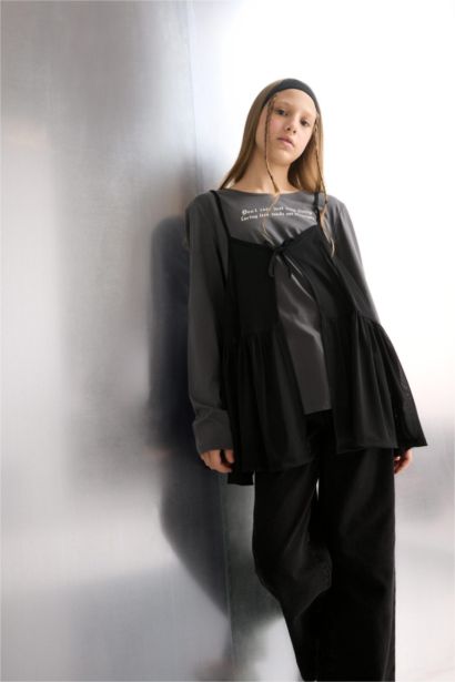 Loose Fit Bisiklet Yaka Baskılı Uzun Kollu Tişört Kız Çocuk