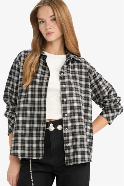 Oversize Shirt Collar Poplin Gingham Long Sleeve Shirt