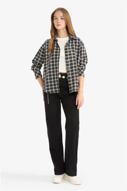 Oversize Shirt Collar Poplin Gingham Long Sleeve Shirt