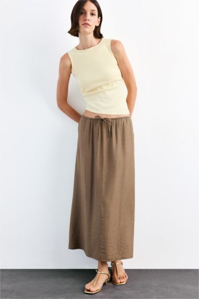 Relax Fit Crinkle Fabric Elastic Band Ankle Length Skirt