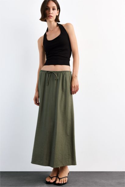 Relax Fit Crinkle Fabric Elastic Band Ankle Length Skirt