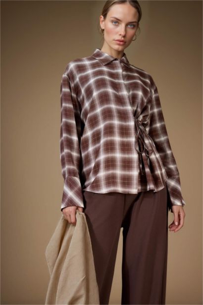 قميص كاروهات ردن طويل قصة عادية قماش لامع