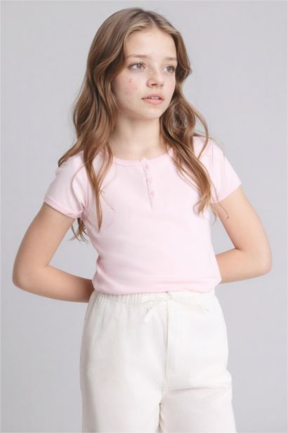 Футболка Slim Fit в рубчик с круглым вырезом и коротким рукавом для девочек