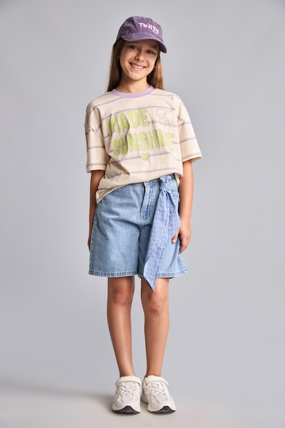 %100 Pamuk Slim Fit Kısa Kollu Çizgili Tişört Kız Çocuk