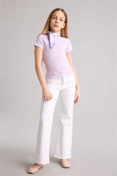 Футболка Slim Fit в рубчик с вырезом лодочка и коротким рукавом для девочек