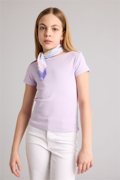 Футболка Slim Fit в рубчик с вырезом лодочка и коротким рукавом для девочек