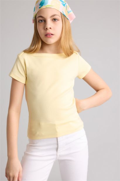 Футболка Slim Fit в рубчик с вырезом лодочка и коротким рукавом для девочек