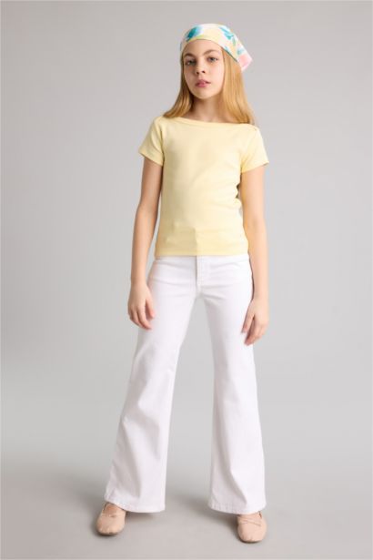 Футболка Slim Fit в рубчик с вырезом лодочка и коротким рукавом для девочек