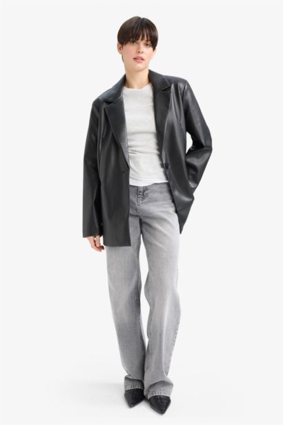 Oversize кең пішімді пиджак жағалы жасанды тері блейзер