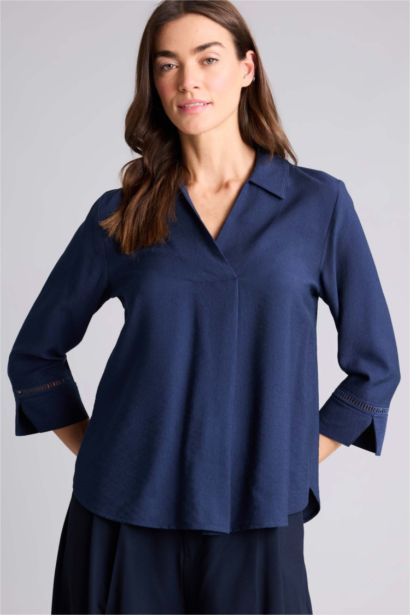 بلوزة ردن طويل قصة عادية بياقة مستديرة