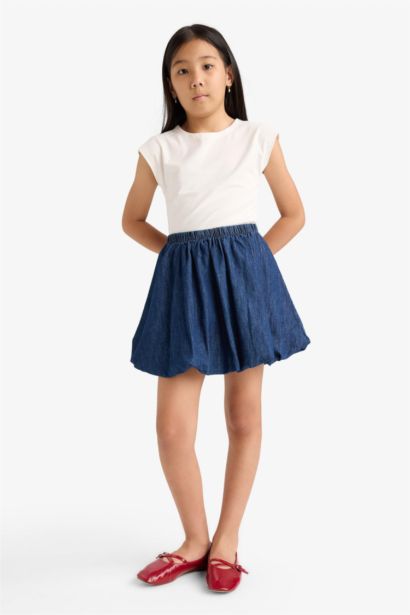 جيبة بناتي جينز بالون فيت بخصر مطاطي