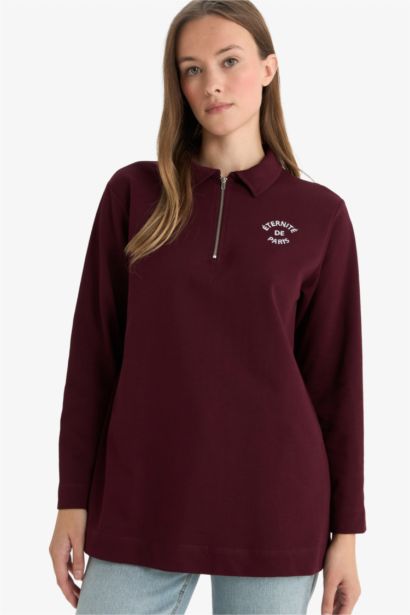 %100 Pamuk Polo Yaka Nakışlı Yarım Fermuarlı Sweatshirt Tunik