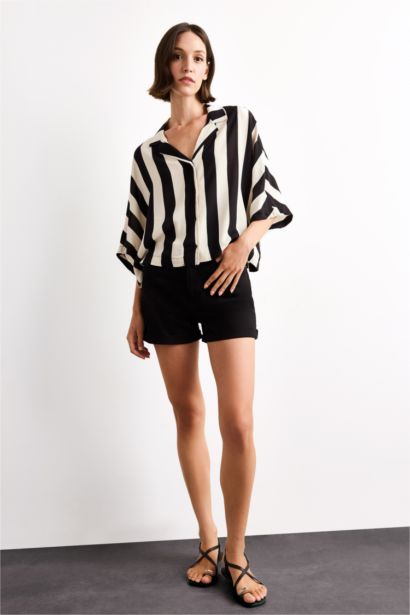 Oversize Geniş Kalıp Çizgili Kısa Kollu Gömlek