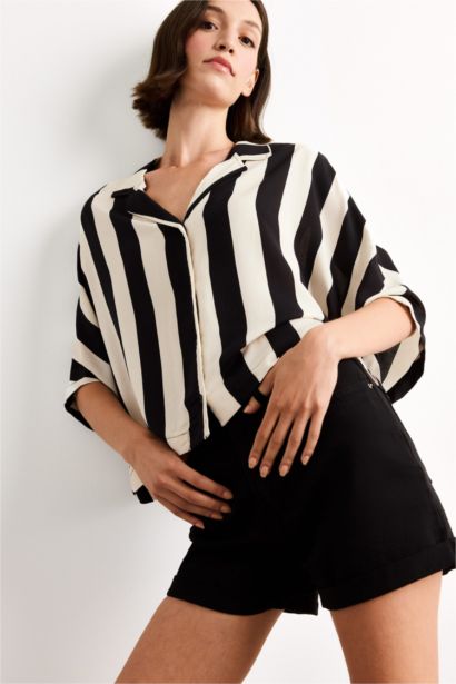 Oversize Geniş Kalıp Çizgili Kısa Kollu Gömlek