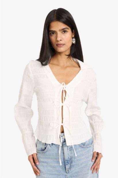 Slim Fit V-Neck Long Sleeve Blouse