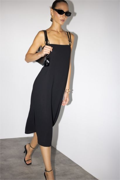 Square Collar Crepe Midi Dress