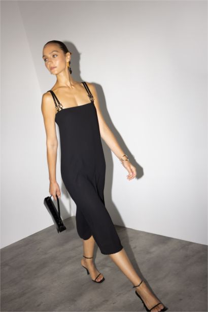 Square Collar Crepe Midi Dress