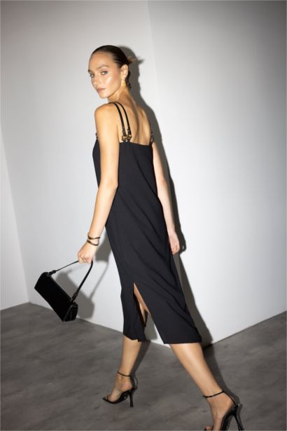 Square Collar Crepe Midi Dress