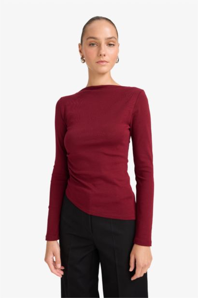 Slim Fit Boat Neck Rib Long Sleeve T-Shirt