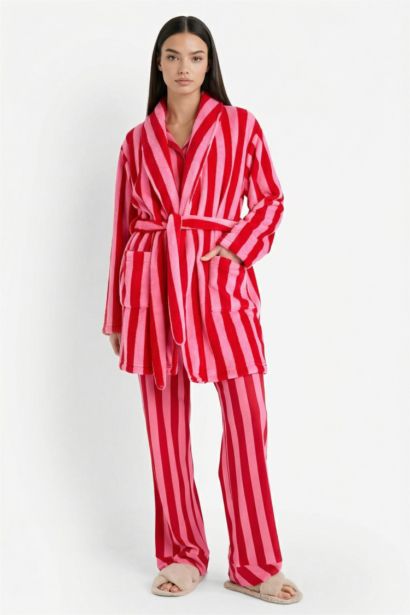 Regular Fit Çizgili Welsoft Pelüş Uzun Kollu Sabahlık