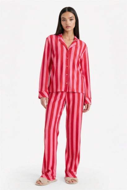 سيت بجامة مخطط قصة عادية كم طويل - قطعتين