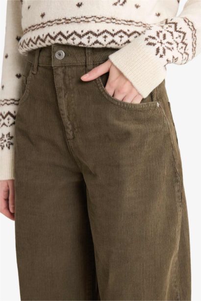 %100 Pamuk Baggy Fıt Fermuarlı Normal Bel Standart Boy Kadife Pantolon