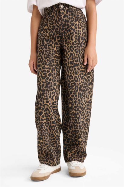 Barrel Fit Leopar Desenli Pantolon Kız Çocuk