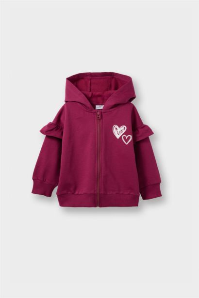 Kalp Desenli Kapüşonlu Fermuarlı Sweatshirt Kız Bebek