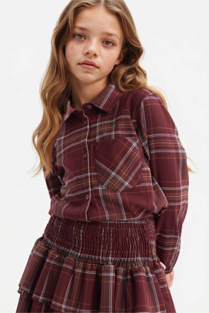 قميص كاروهات بناتي ردن طويل أوكسفورد قصة عادية