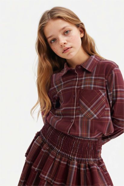 قميص كاروهات بناتي ردن طويل أوكسفورد قصة عادية