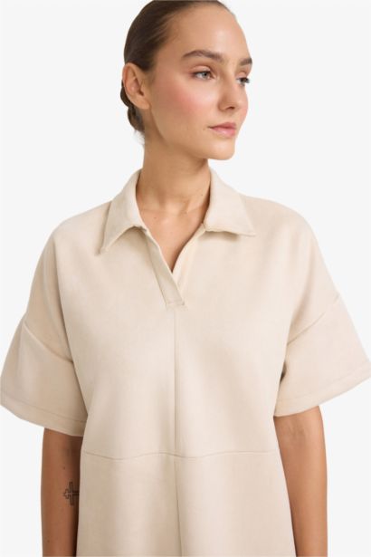 فستان قصير شمواه نص كم بياقو بولو وقصة A